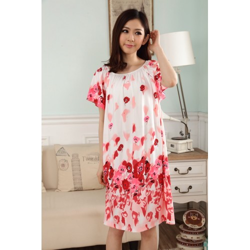 Womens Short Sleeve Cotton Nightgown Flower Printed Midi Shirt (9)